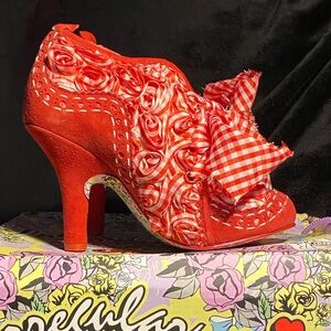 Irregular Choice heeled booties, Abigail’s Party 3,red/white check,rosettes,US 8